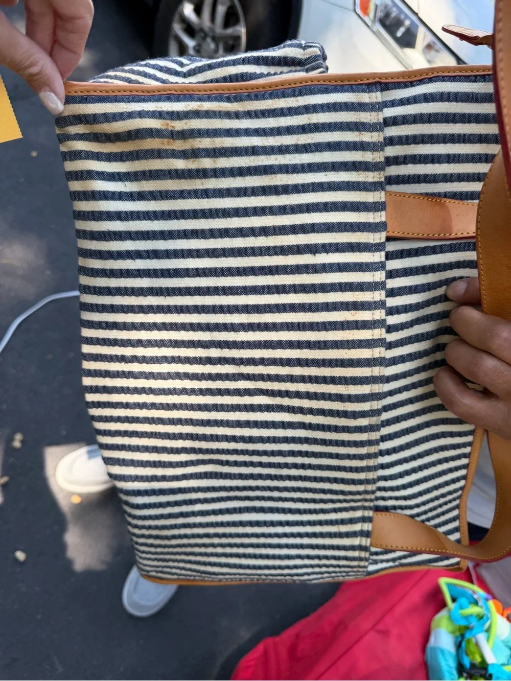 Dooney & Bourke vintage Striped Navy and White Canvas diaper bag with Tan Trim